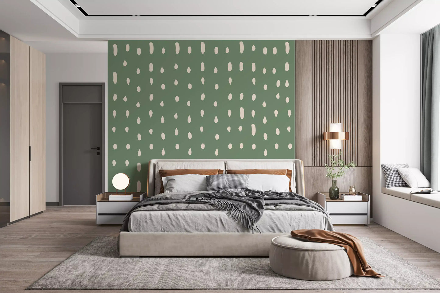 Drop shapes on sage green give a bedroom the Mid Century Seed Dots wall mural feel.