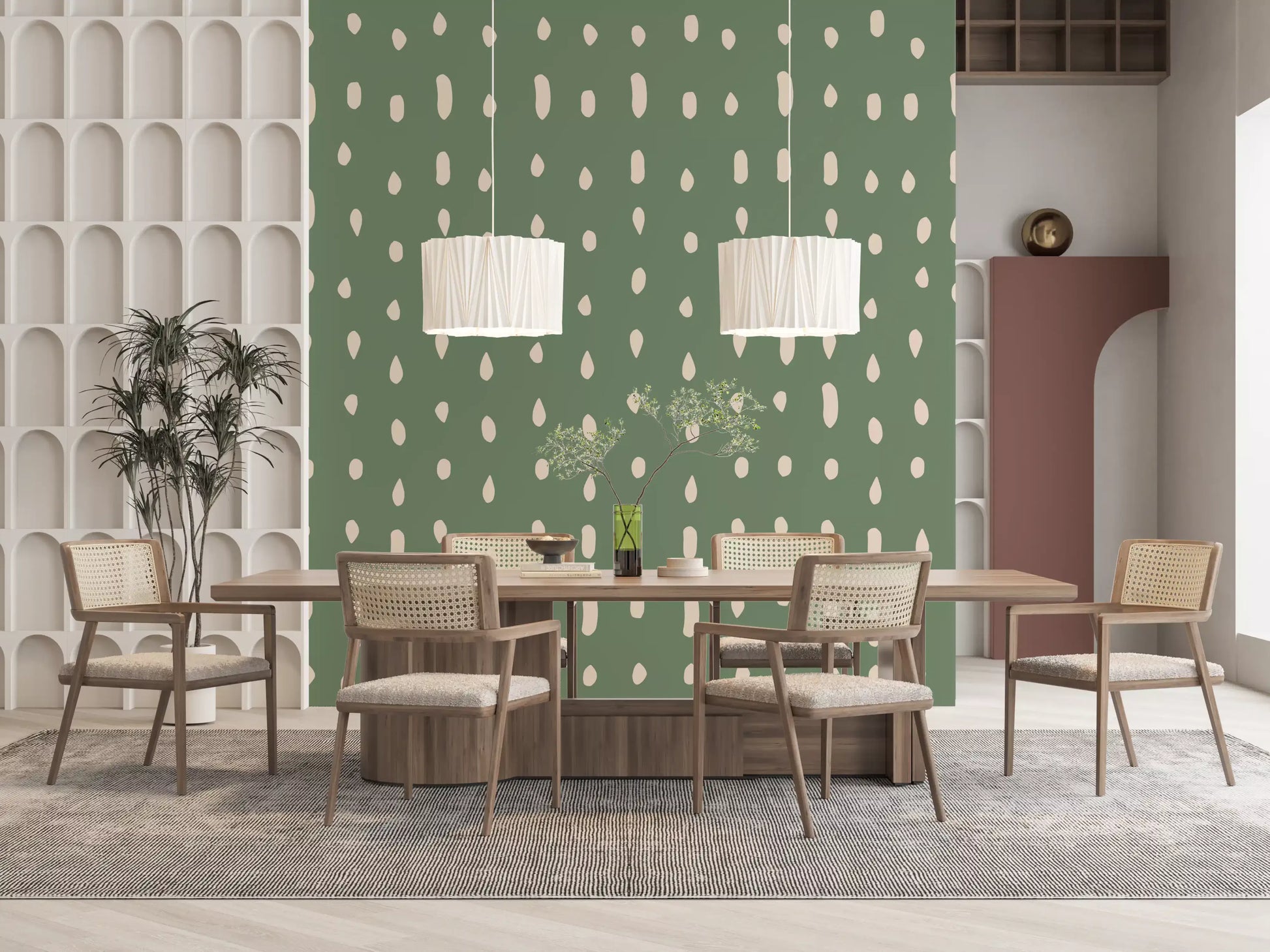 Cream and sage green build the Mid Century Seed Dots wall mural in a dining room.
