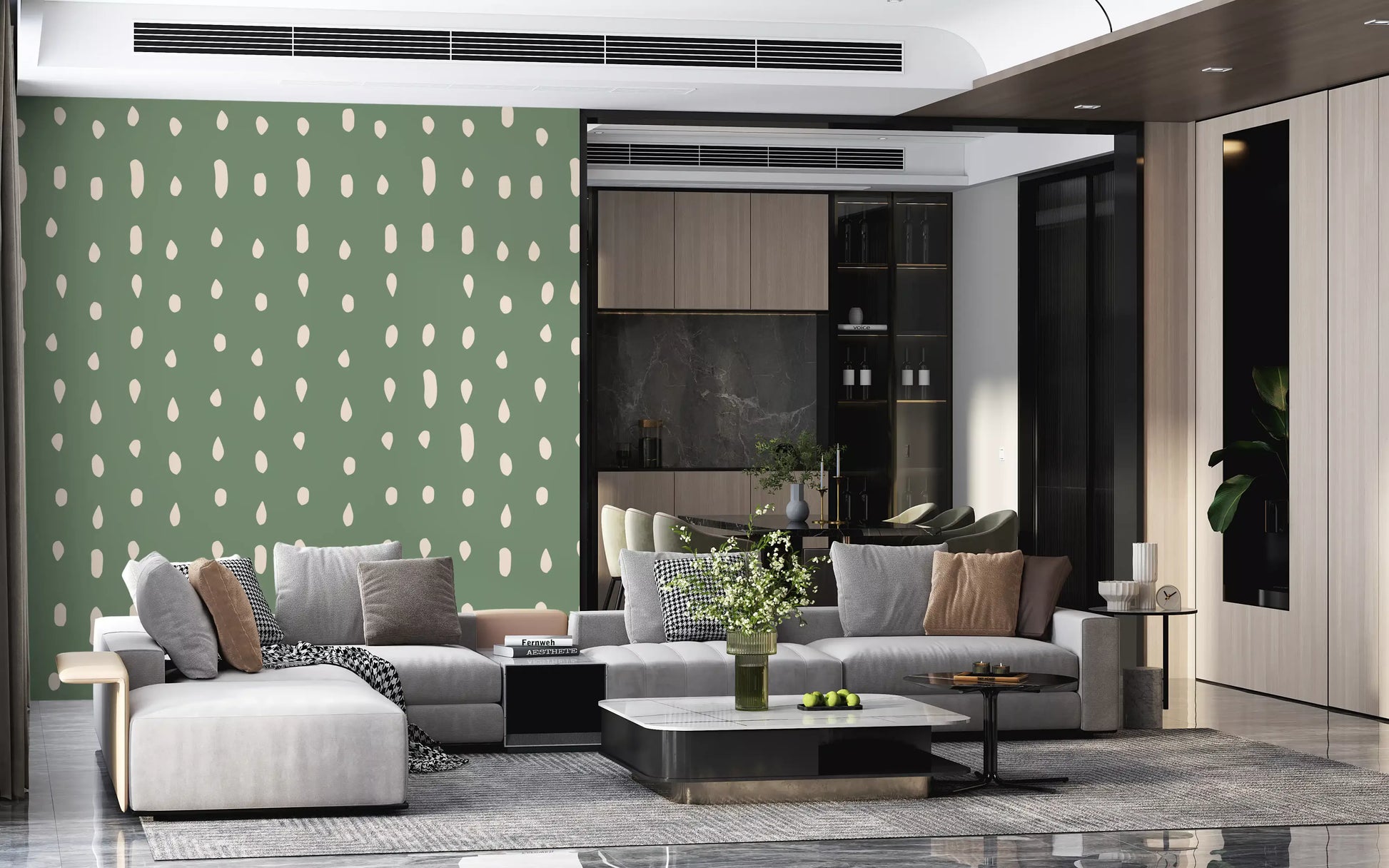 Loose ivory drops freckle the sage green field of this Mid Century Seed Dots wall mural.