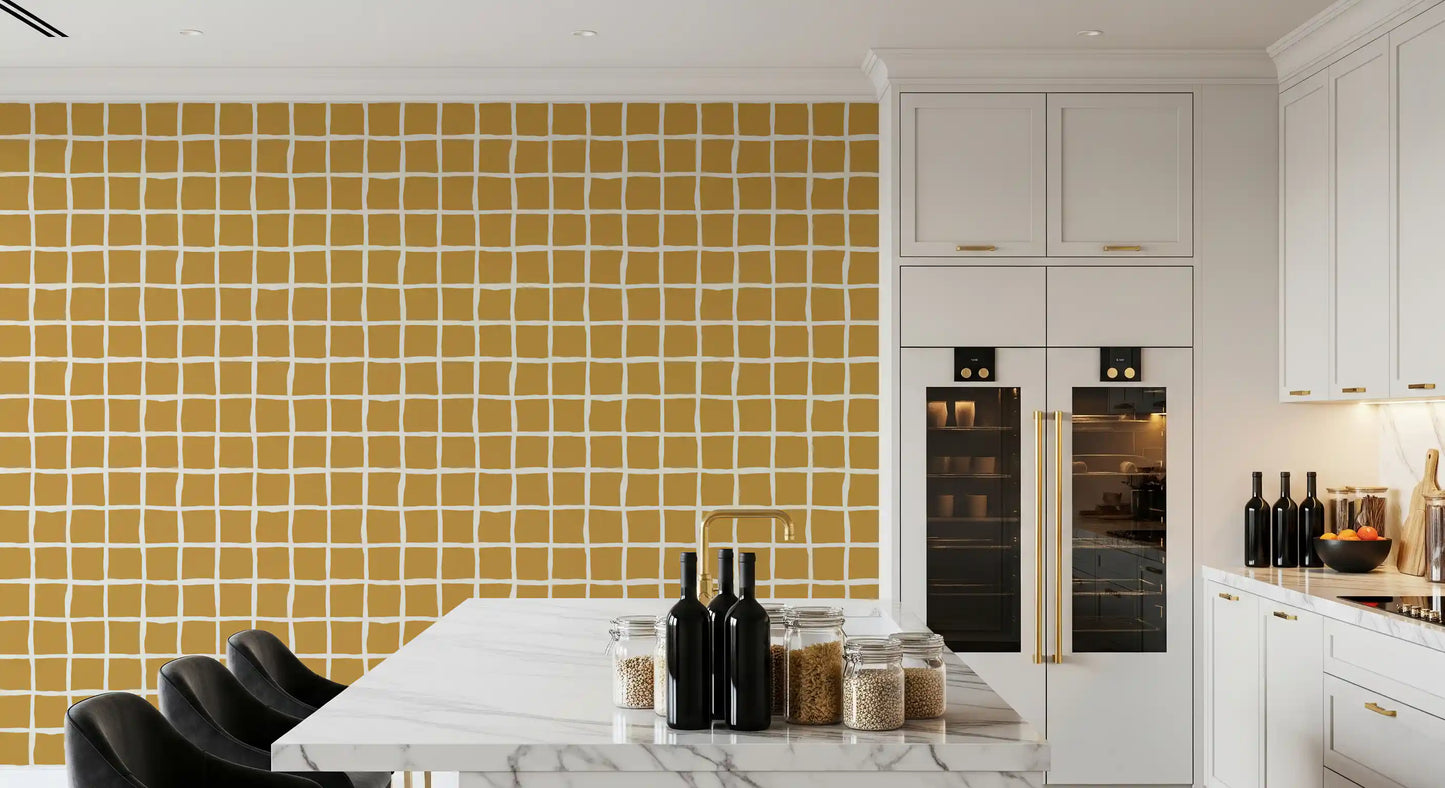 Mid Century Wavy Grid Mustard wallpaper loosens a strict grid with wandering ivory edges.