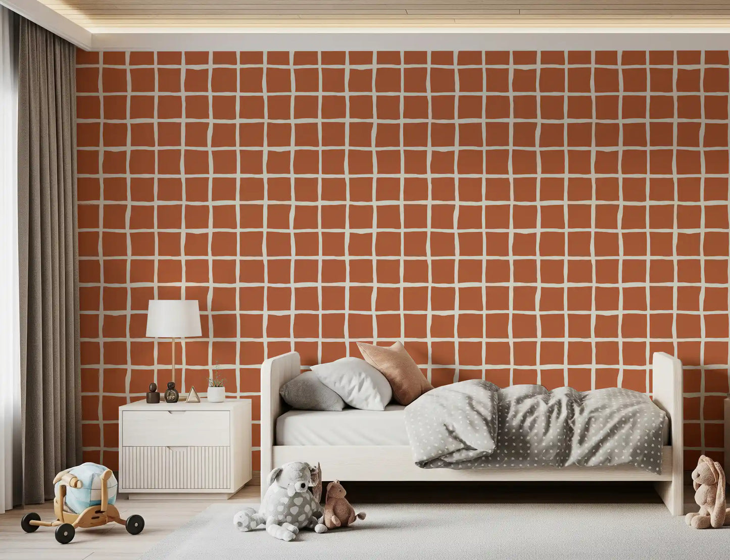 Slightly tilted squares ride a Wavy Grid Terracotta wallpaper in cream and clay.