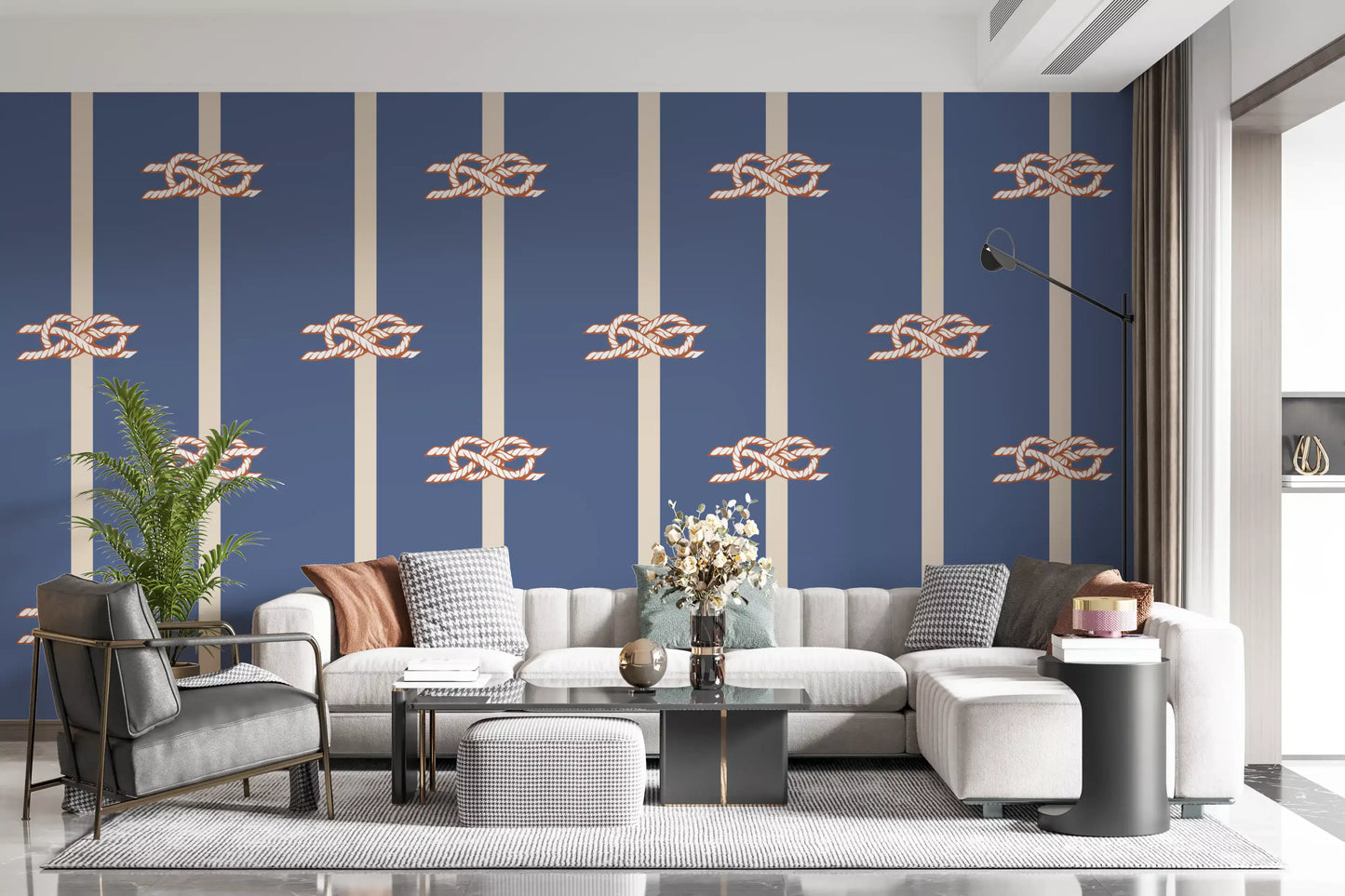 Rust knots on the Nautical Rope Stripe wallpaper add seafaring ease to a living room.