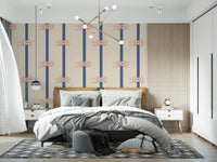 Cord knots and indigo bands wrap a Rope Stripe wallpaper across a Bedroom 