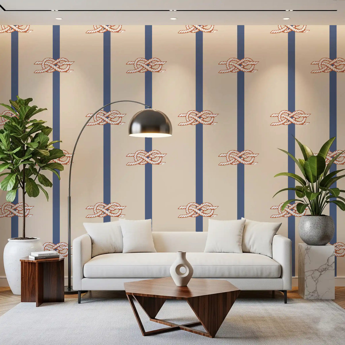 Coastal Living room scene with the Nautical Rope Stripe Beige Navy wallpaper