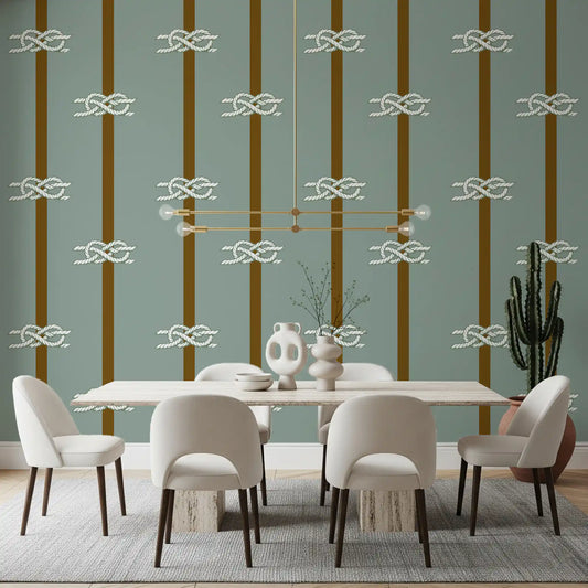 Brown bands and white knots feature on Rope Stripe wallpaper in a Dining room corner.