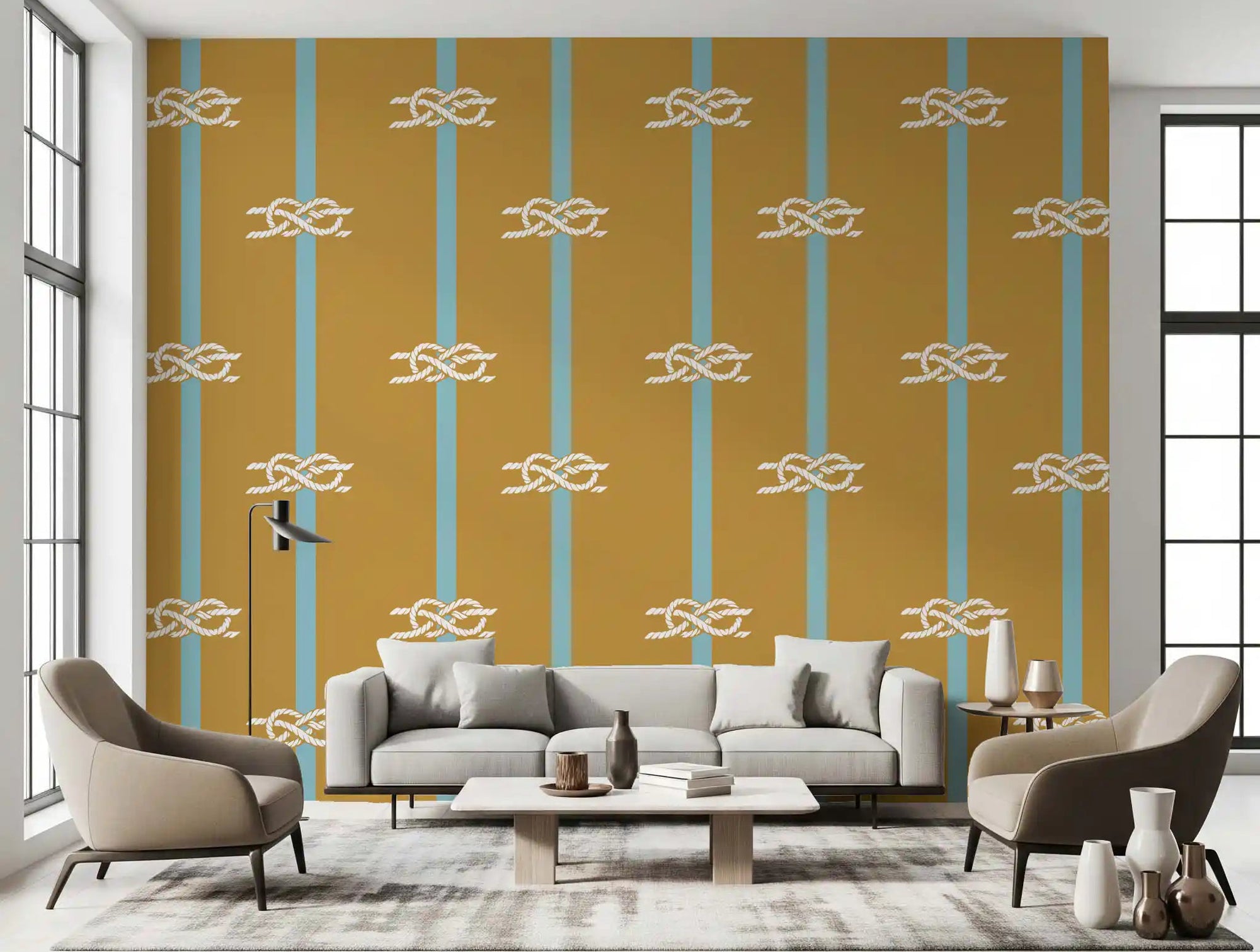 Mustard ochre adds depth to a living room behind this nautical rope stripe wallpaper.