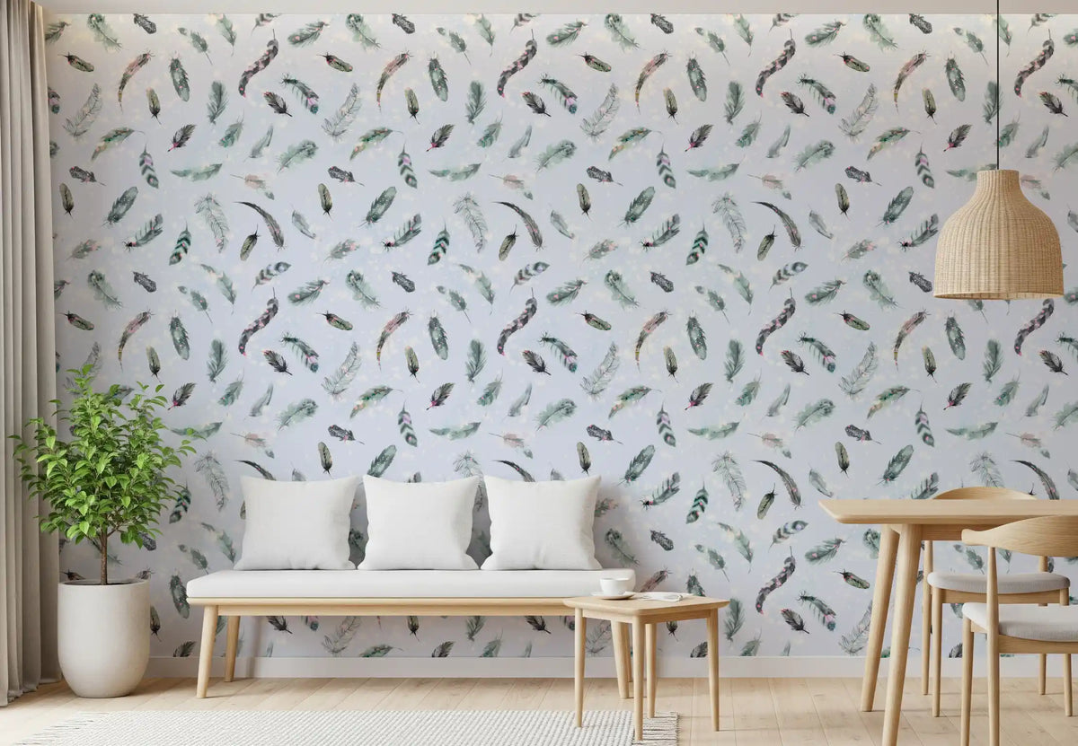 Pale blue tones rest within a Dining room behind ethereal feather dance wallpaper.