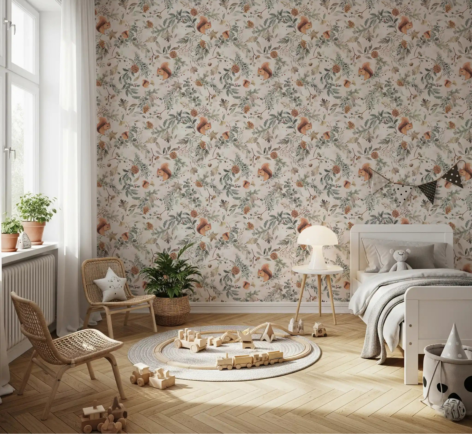 Red squirrels nestle among pinecones in a kids' room with Woodland Squirrels wallpaper.