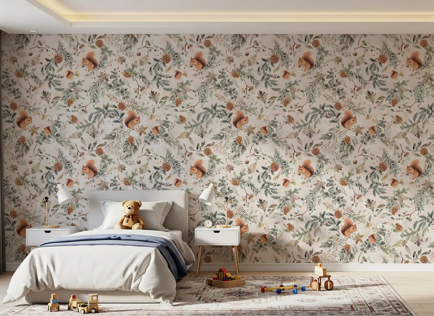 Cozy Woodland Squirrels & Pinecones Wallpaper Wallpaper⁠