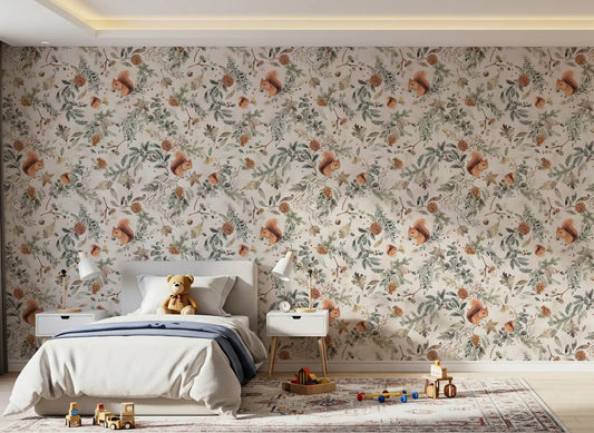 Cozy Woodland Squirrels & Pinecones Wallpaper