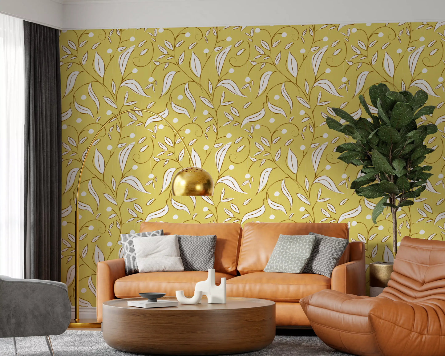 Butter Yellow Botanical Vine Wallpaper Scandinavian Wallpaper⁠