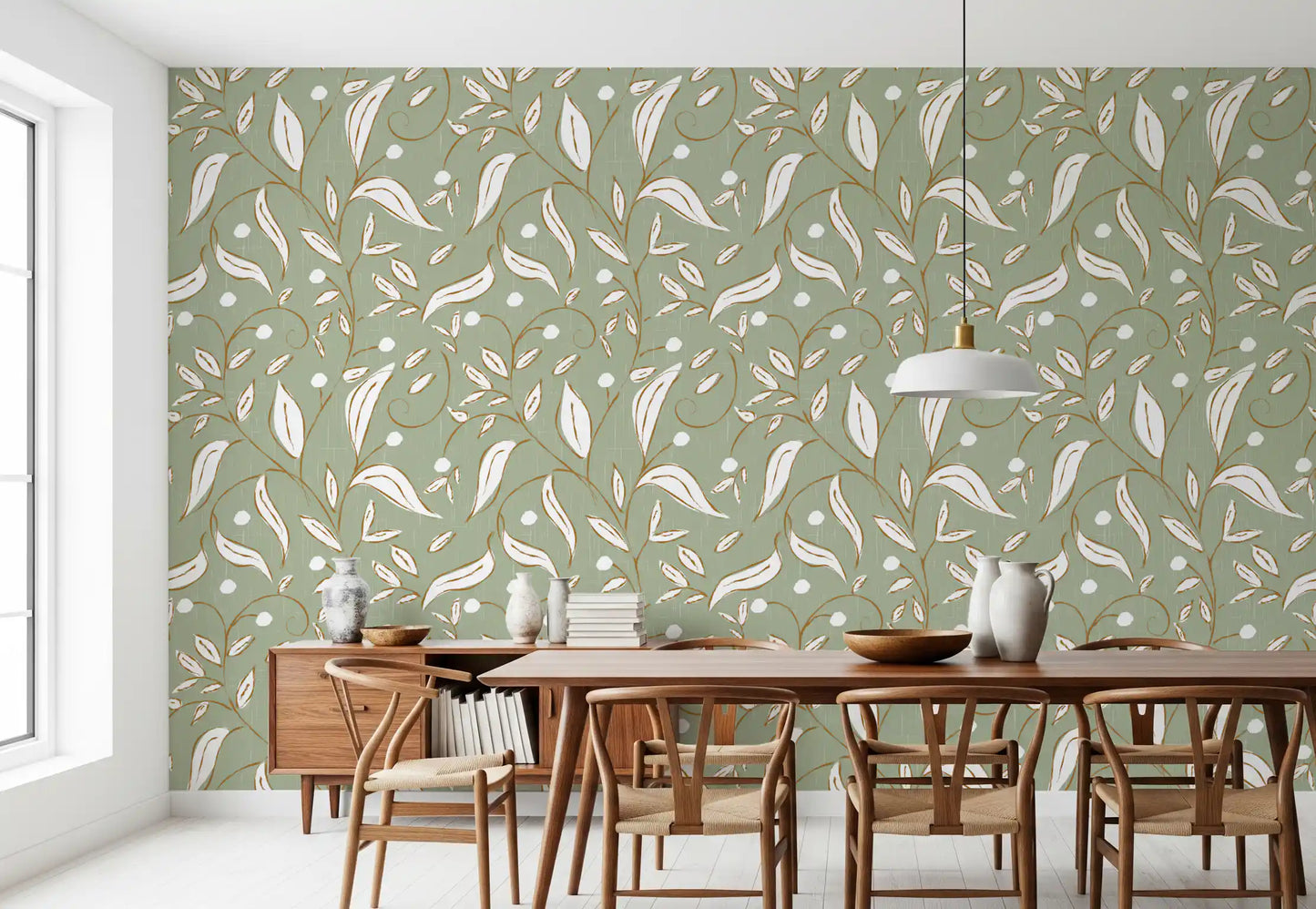 Sage Green Botanical Vine Wallpaper Scandinavian Wallpaper⁠