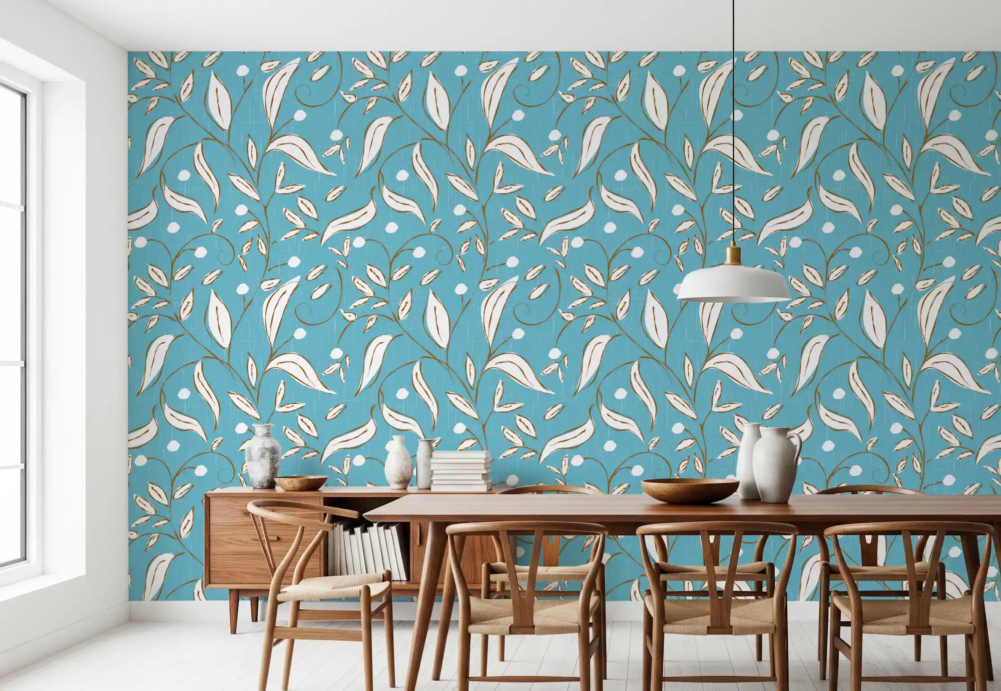 A relaxed dining room paired with the Sky Blue Botanical Vine wallpaper.