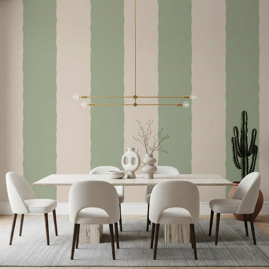 Dining room with Sage Green Stripe Wallpaper in calm bands of cream and sage.