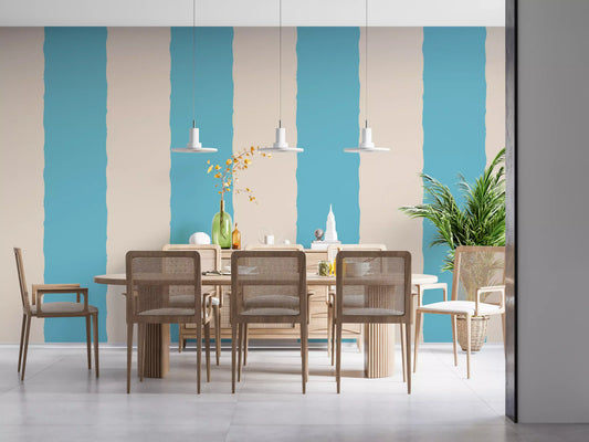 Blush Pink Stripe Wallpaper lines a dining room with vertical rose and ivory bands.
