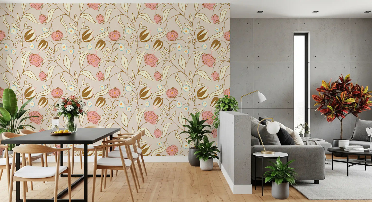 Beige Chintz Floral Wallpaper Vintage Botanical Wallpaper⁠