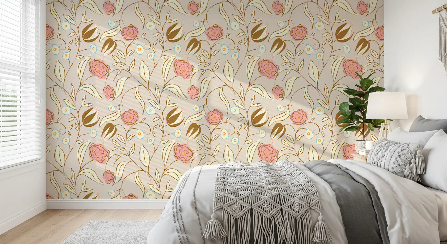 Beige Chintz Floral Wallpaper Vintage Botanical Wallpaper⁠