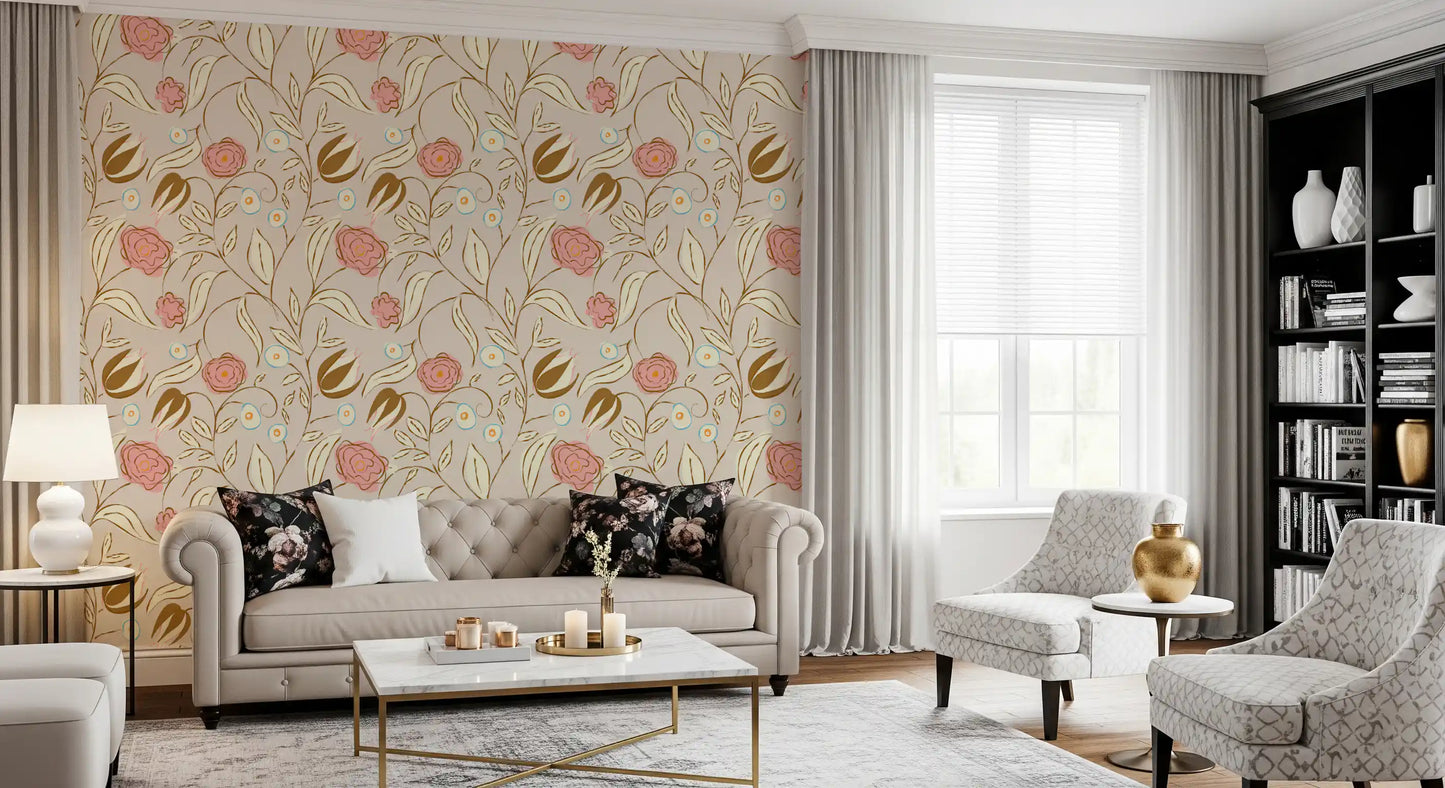 Beige Chintz Floral Wallpaper Vintage Botanical Wallpaper⁠
