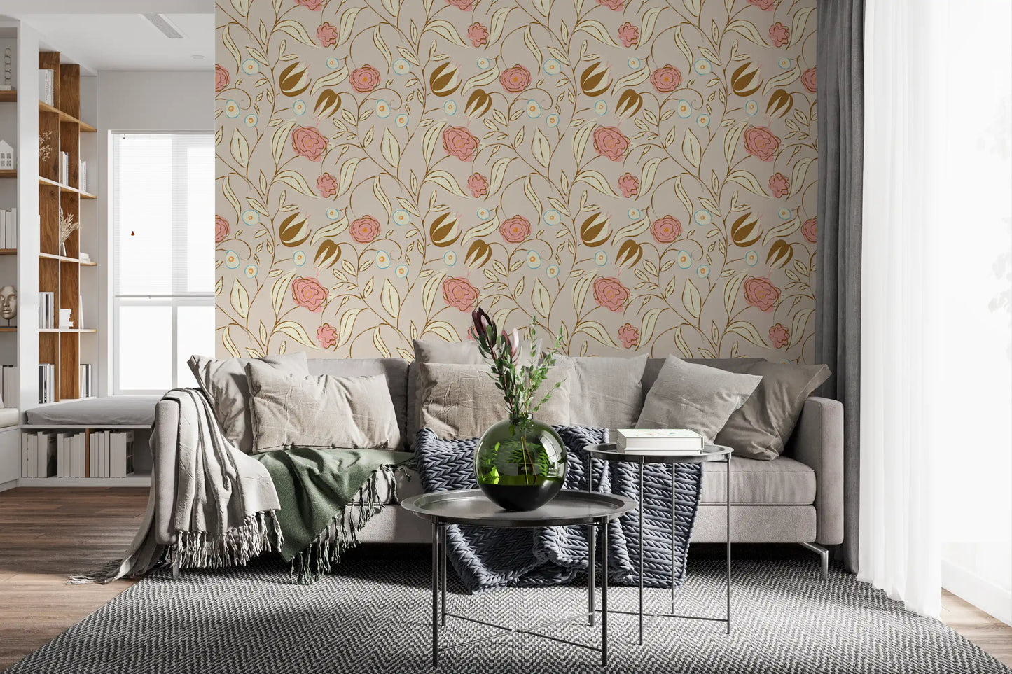Beige Chintz Floral Wallpaper Vintage Botanical Wallpaper⁠