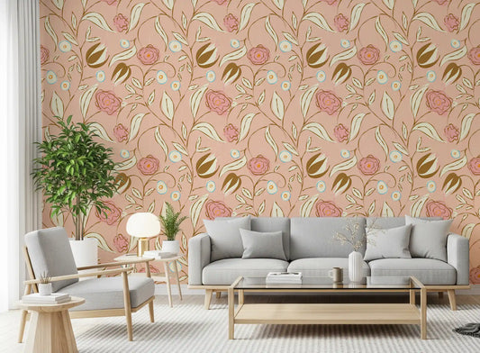 Blush Pink Chintz Floral Vintage Botanical Wallpaper⁠