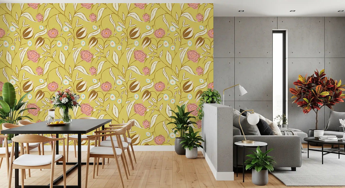 Butter Yellow Chintz Floral Wallpaper Vintage Botanical Wallpaper⁠