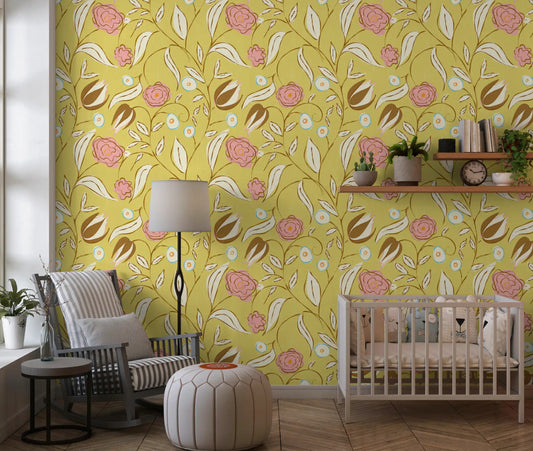 Butter Yellow Chintz Floral Vintage Botanical Wallpaper⁠