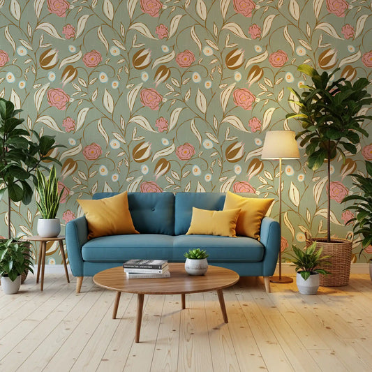 Living room set beside vintage chintz floral wallpaper in calm sage green and pink.