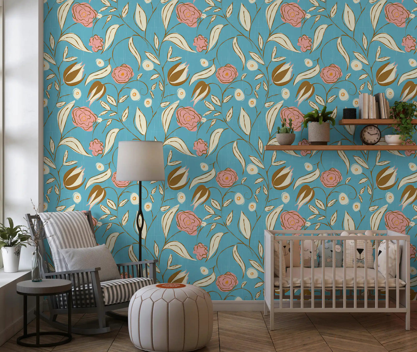 Sky Blue Chintz Floral Wallpaper Vintage Botanical Wallpaper⁠