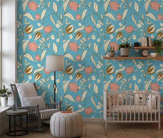 Sky Blue Chintz Floral Vintage Botanical Wallpaper⁠