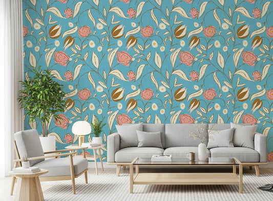 Sky Blue Chintz Floral Vintage Botanical Wallpaper lifts a living room scene.