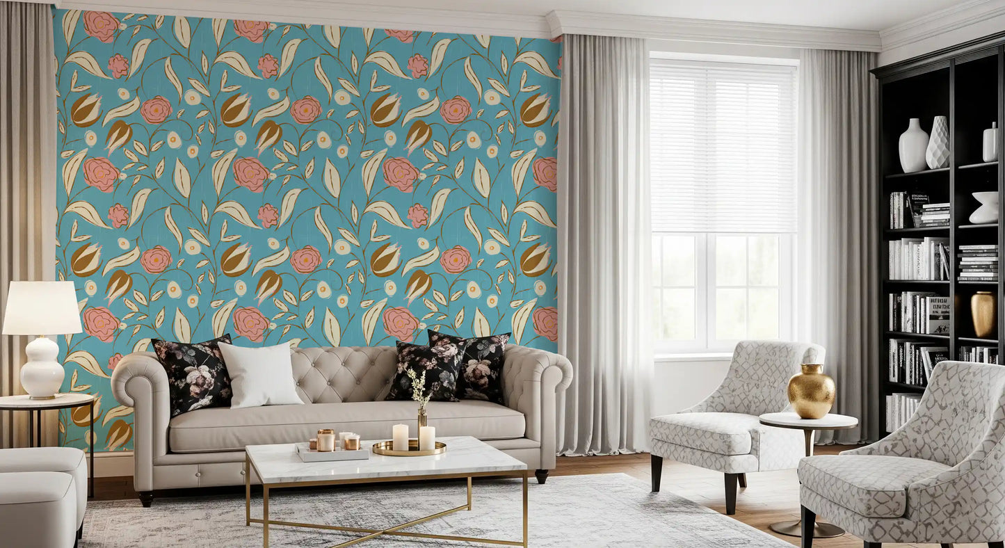 Sky Blue Chintz Floral Wallpaper Vintage Botanical Wallpaper⁠