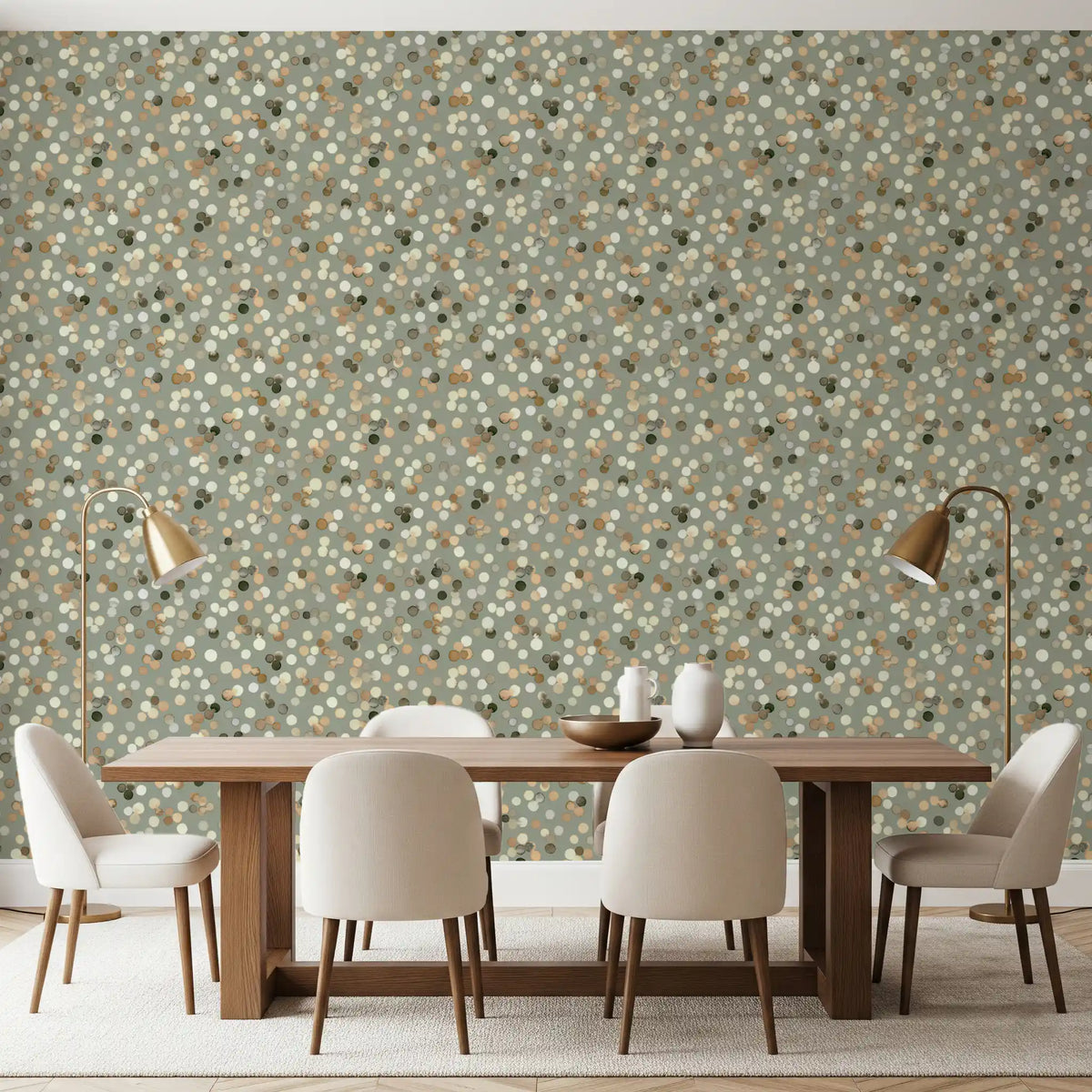 Cream and walnut dots drift through the sage and sand wallpaper in a Dining room.