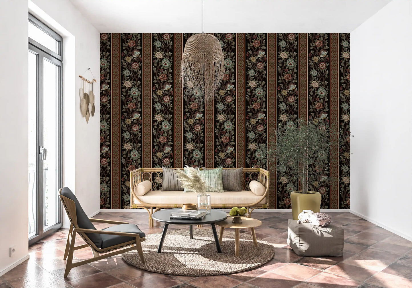 Trailing Chintz Vintage Heirloom Stripes Dark Wallpaper⁠