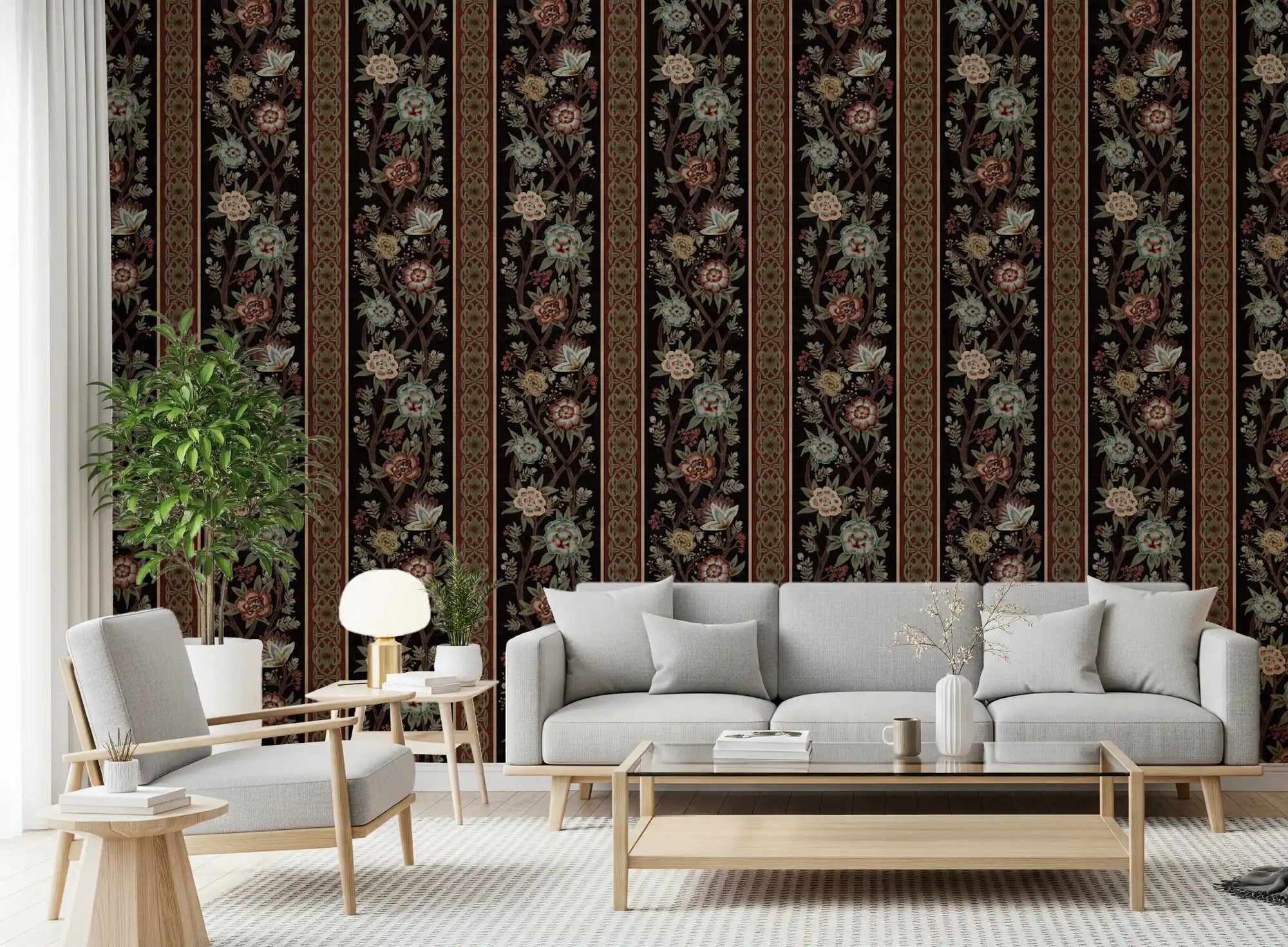 Living room beside Trailing Chintz Vintage Heirloom Stripes Dark Wallpaper panel.