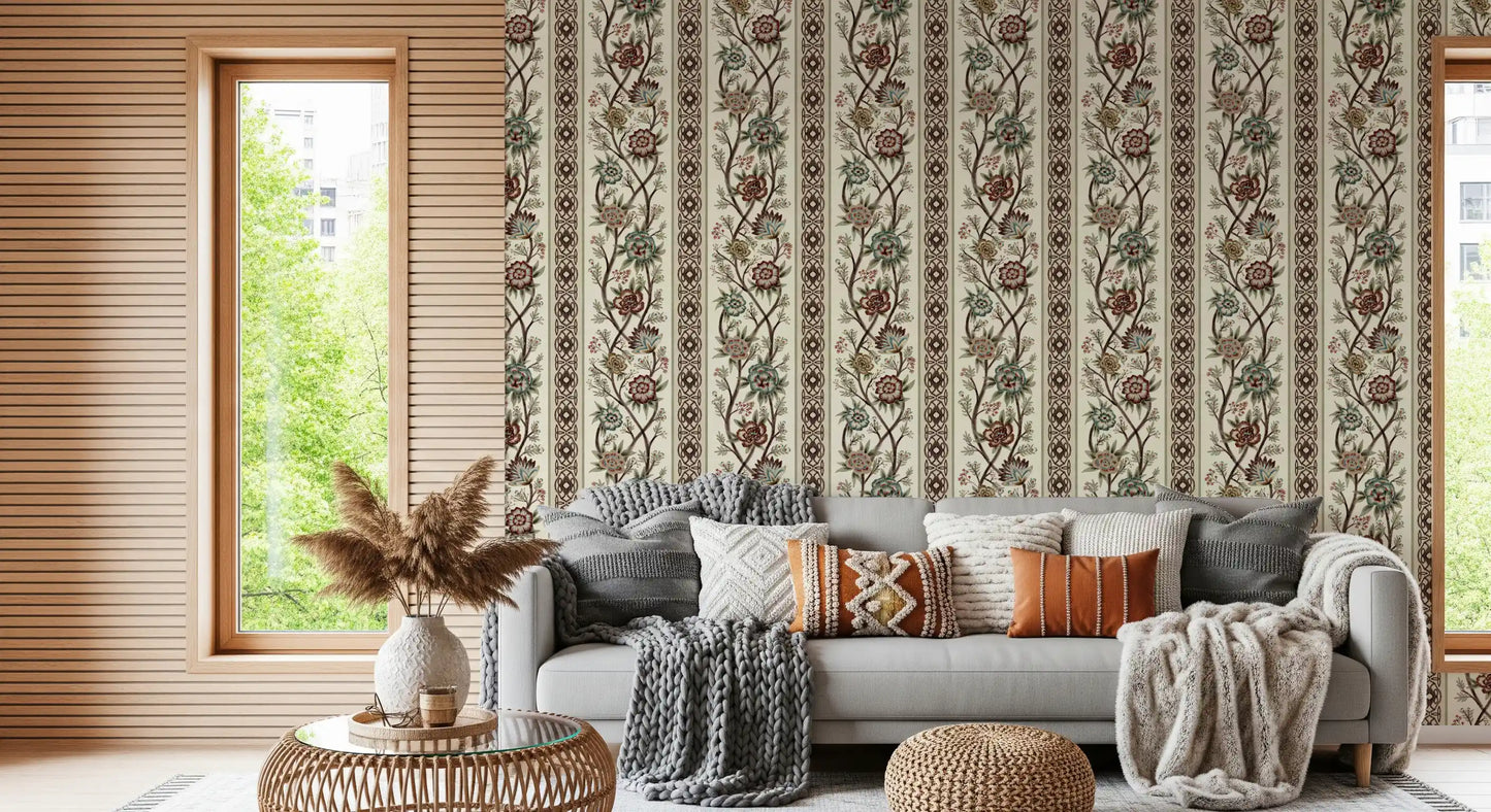 Trailing Chintz Vintage Heirloom Stripes Bright Wallpaper⁠
