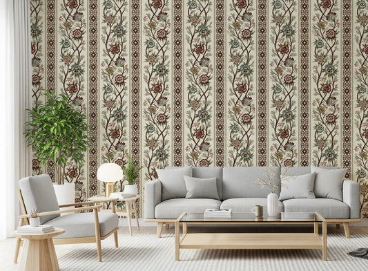 Trailing Chintz Vintage Heirloom Stripes Bright Wallpaper dresses a living room scene.