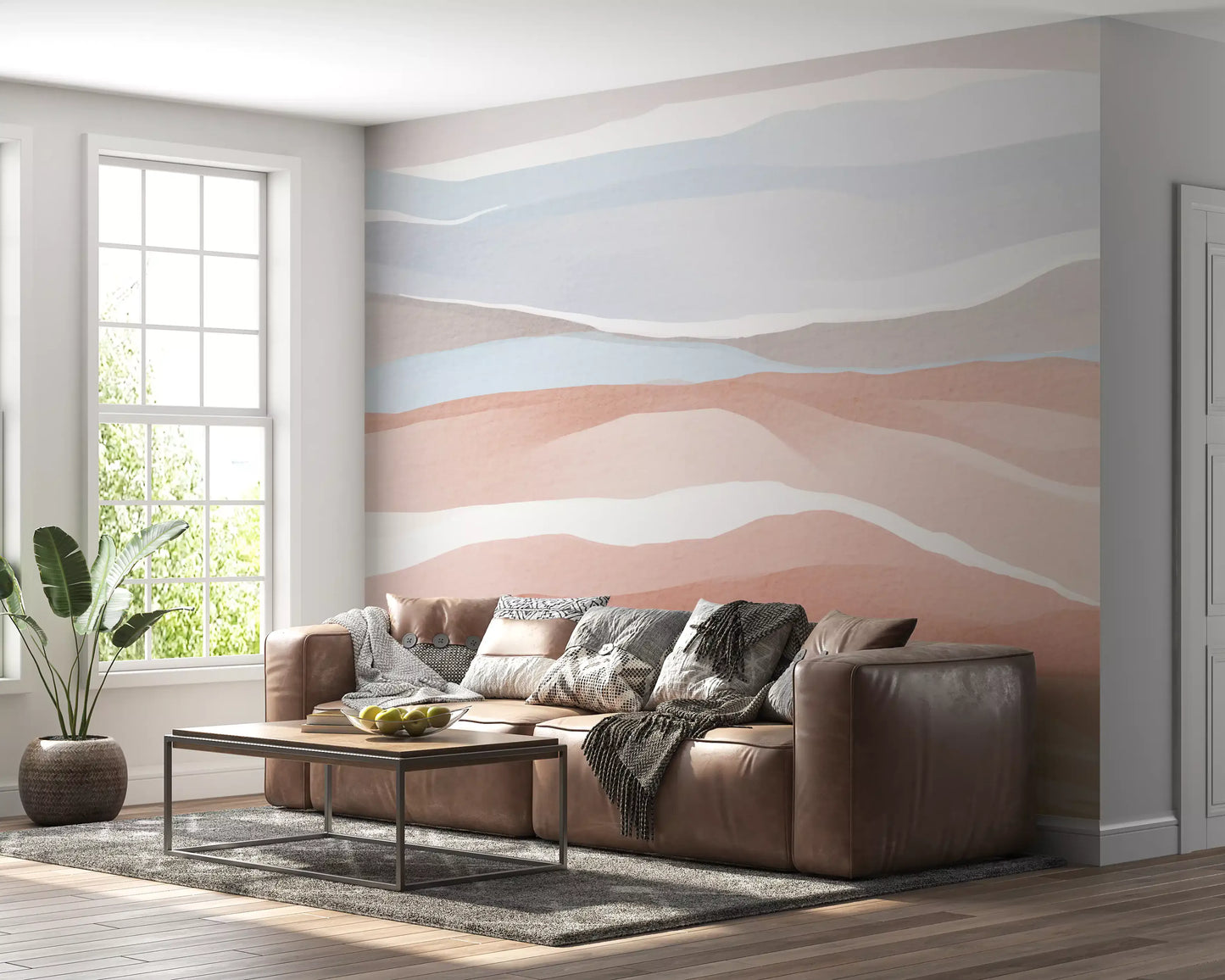 Terracotta and Pastel Blue Watercolor Dunes Wallpaper Wall Mural