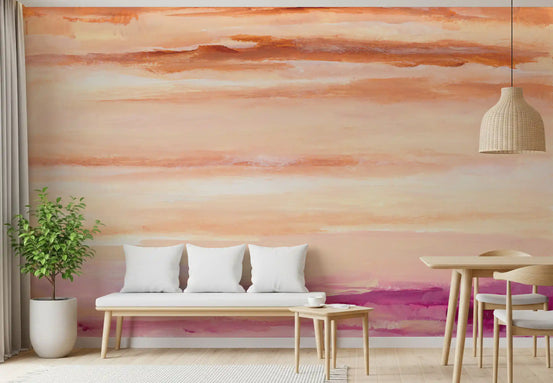 Calm warmth fills a Dining room with this painterly sunset wall mural.
