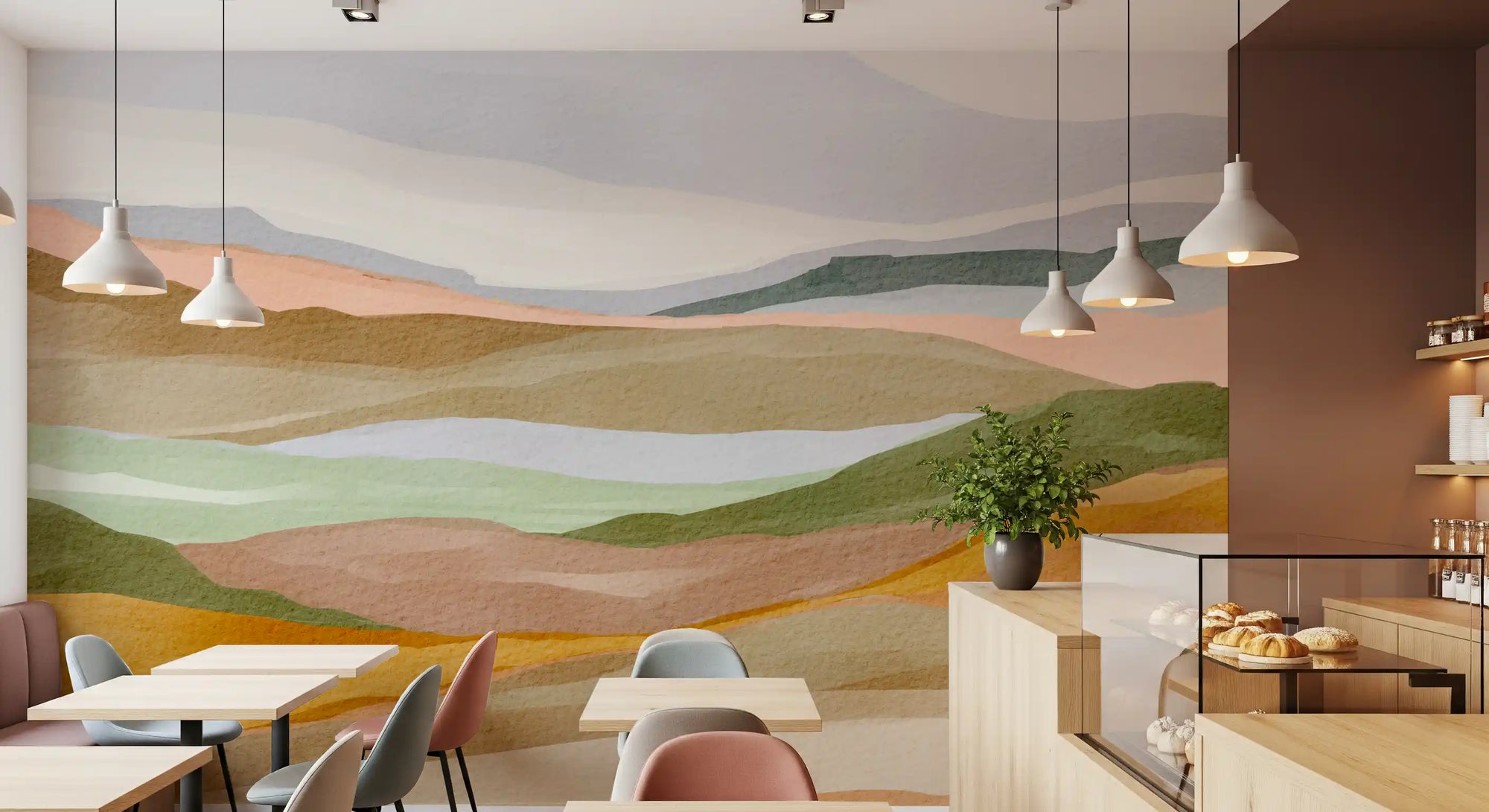 Peach, sage, and ivory drift across a Café and restaurant  in the Serene Painted Hills wall mural.