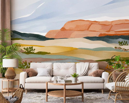 Painted desert vista warms the Living room horizon with this watercolor wall mural.