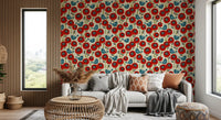 Poppies And Birds On Chevron Wallpaper⁠