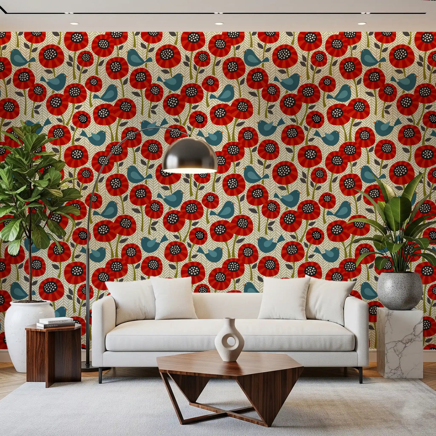 Poppies And Birds On Chevron Wallpaper⁠