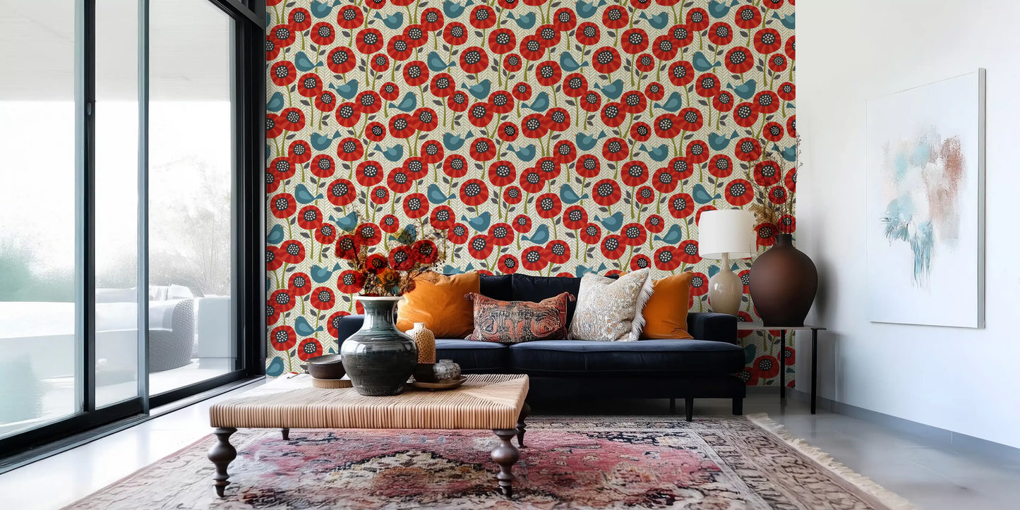 Poppies And Birds On Chevron Wallpaper⁠