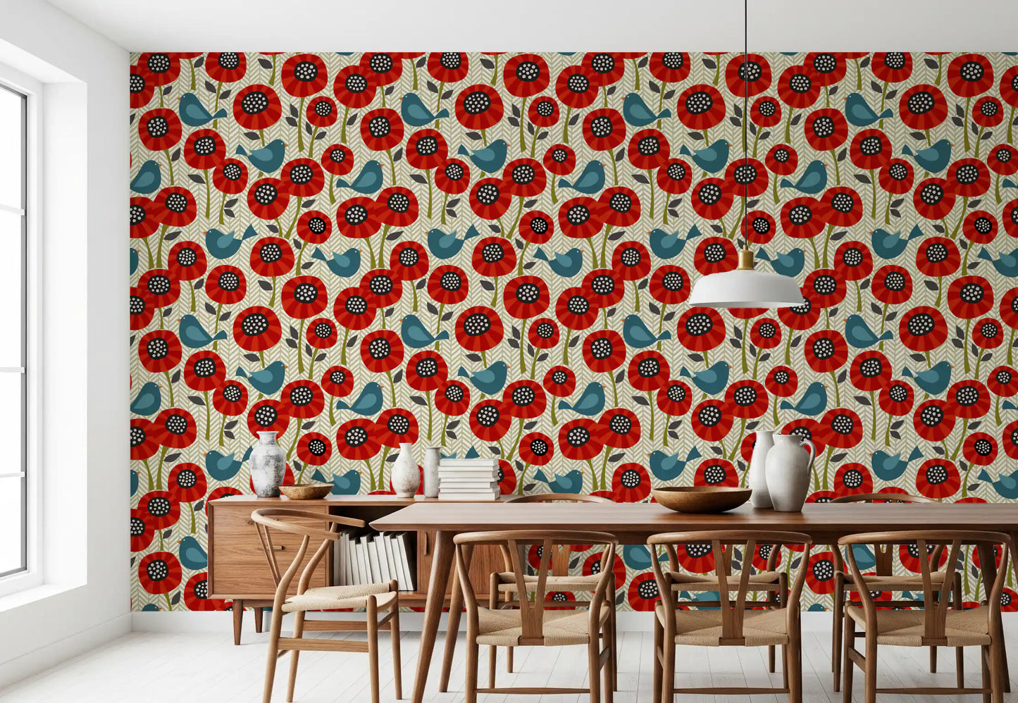 Poppies And Birds On Chevron Wallpaper⁠