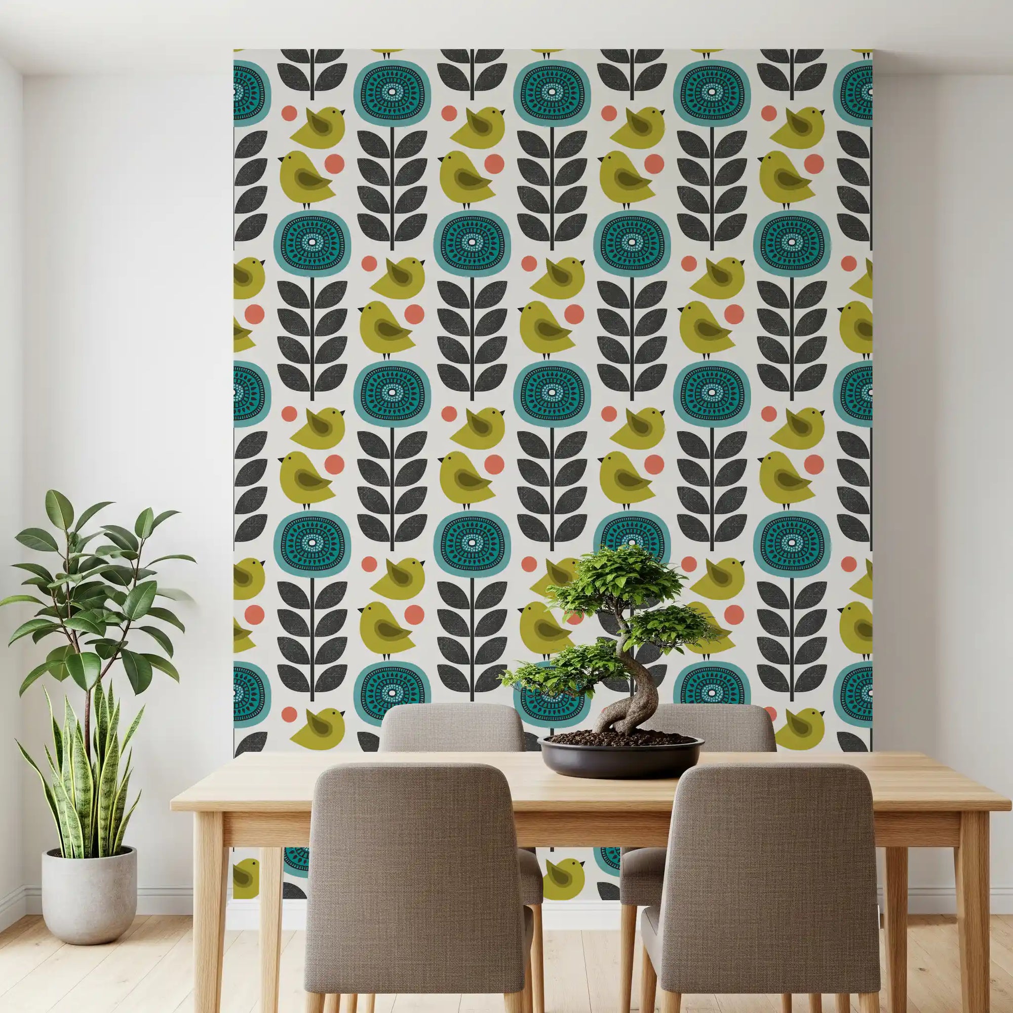 Teal blooms and birds frame a dining room with this retro wallpaper.