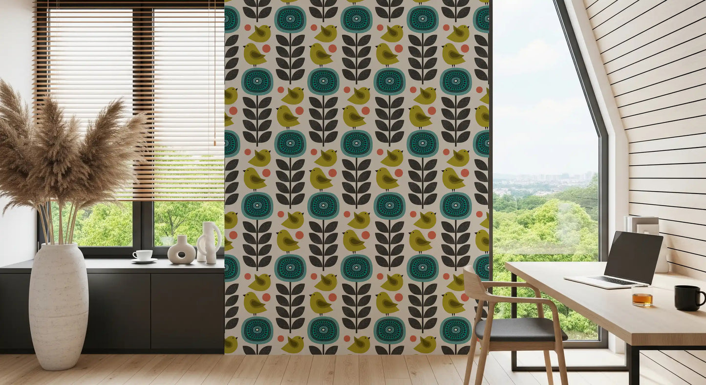 Retro Flowers And Birds Wallpaper⁠