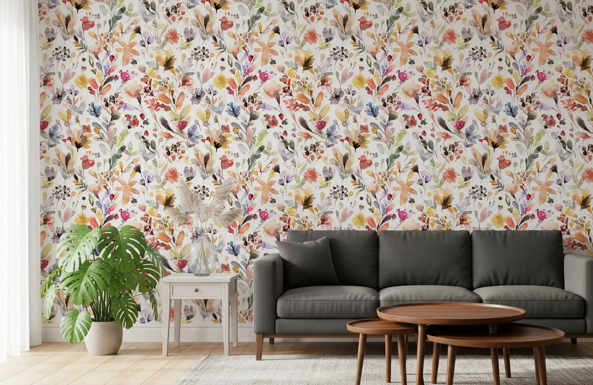 Painted spread quietly through the living room across this watercolor wallpaper.