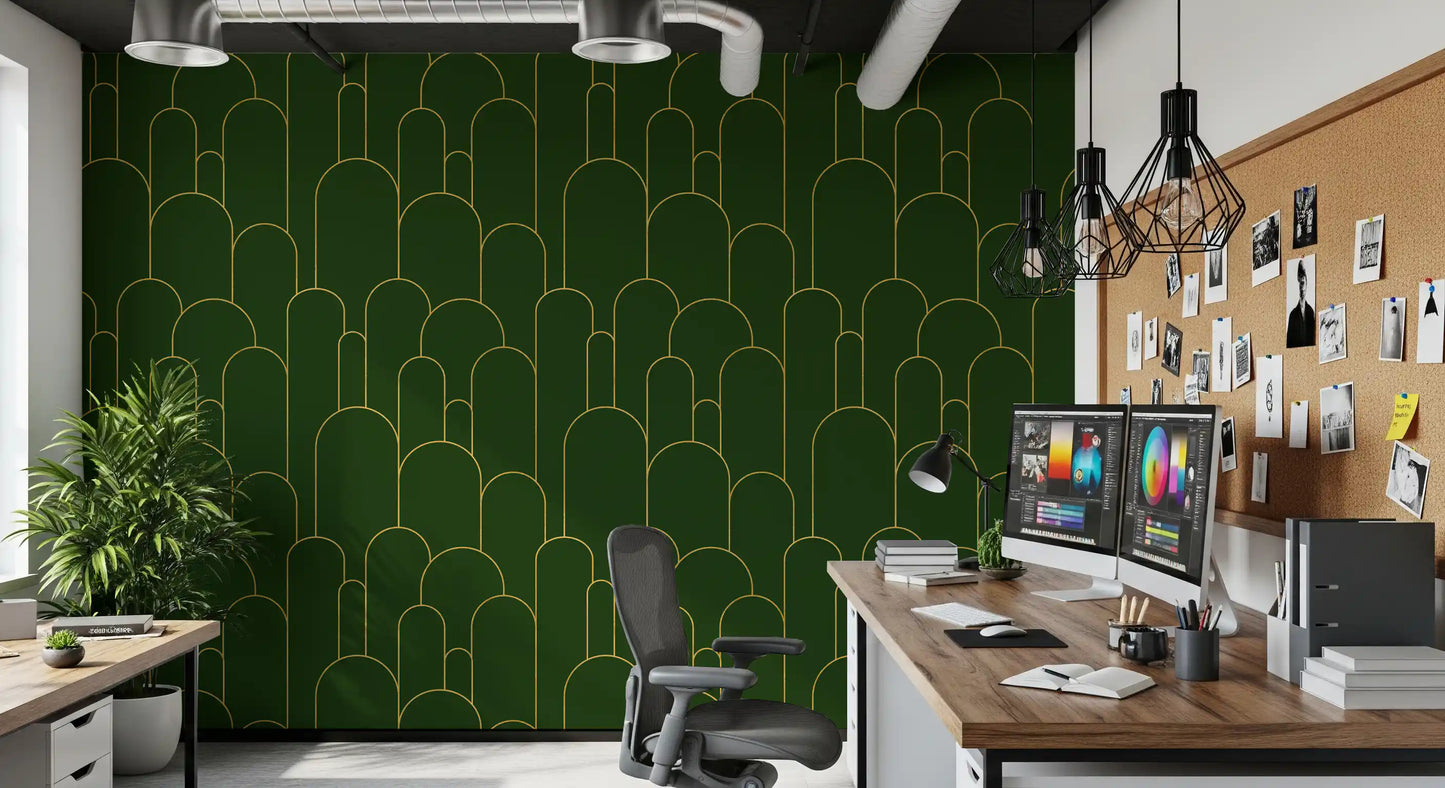 Emerald and Gold Art Deco Arches Wallpaper⁠