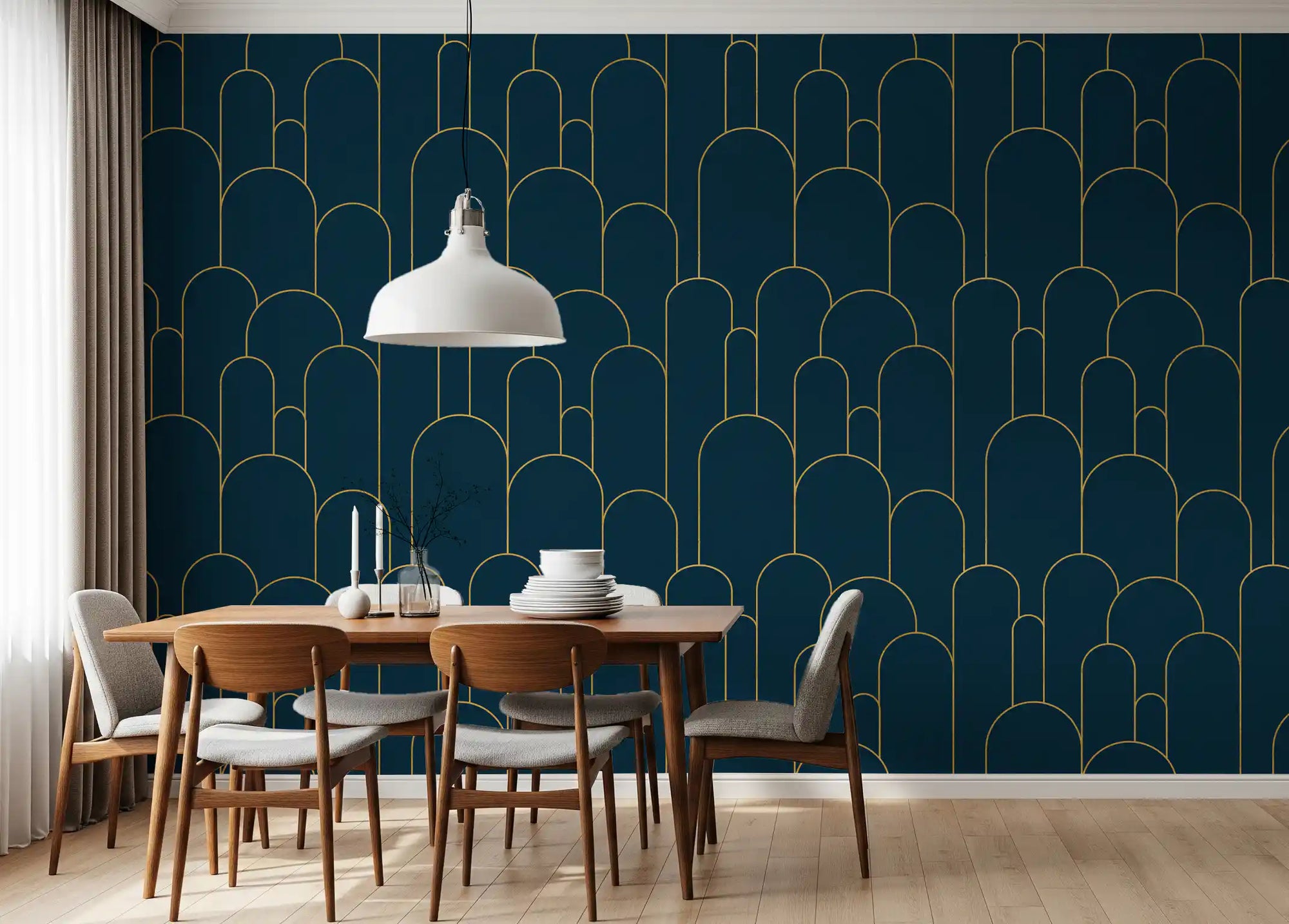 Dining room Elegant Navy and Gold Art Deco wallpaper with repeating geometric wallpaper design