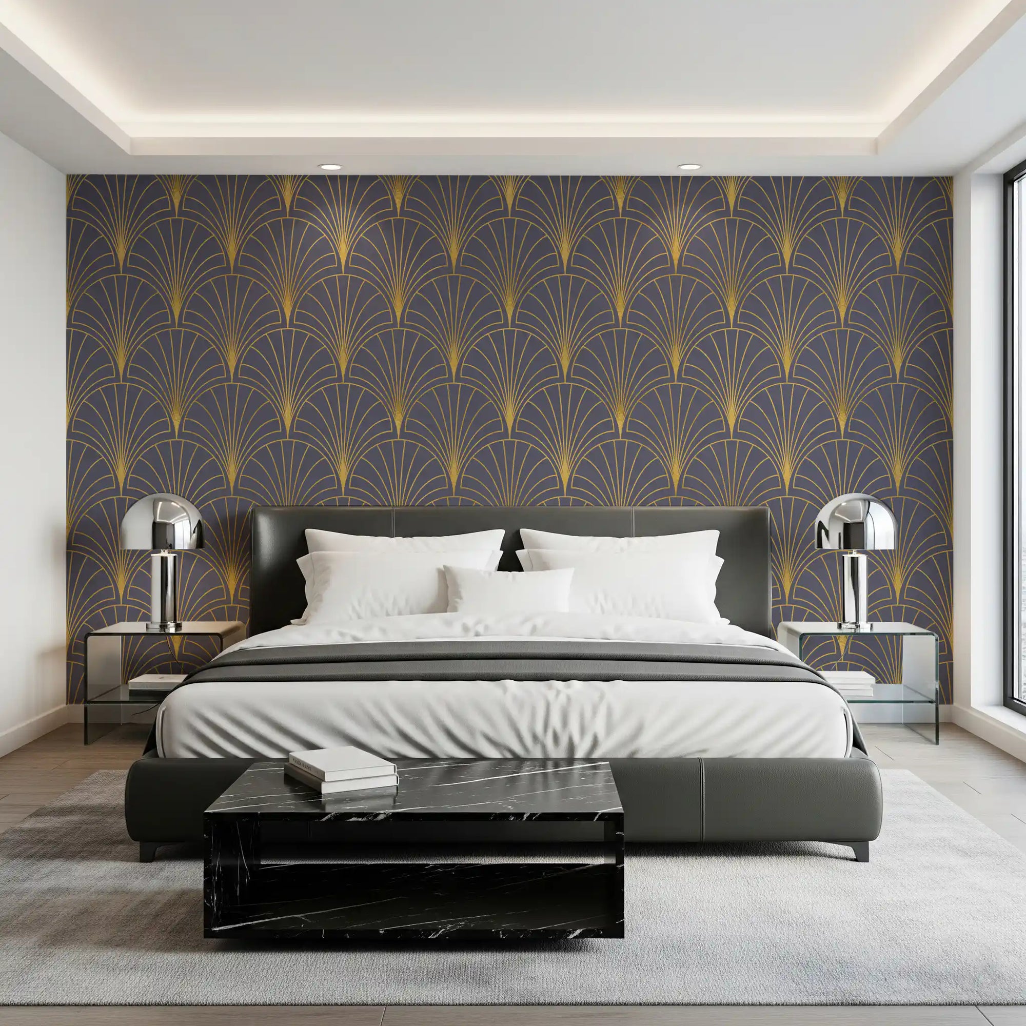 Bedroom Mauve decorative wall pattern with structured gold geometric detailing